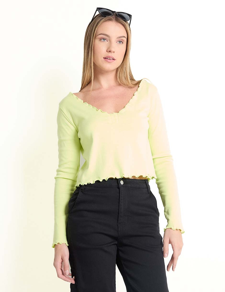 Playera manga larga cuello redondo para mujer