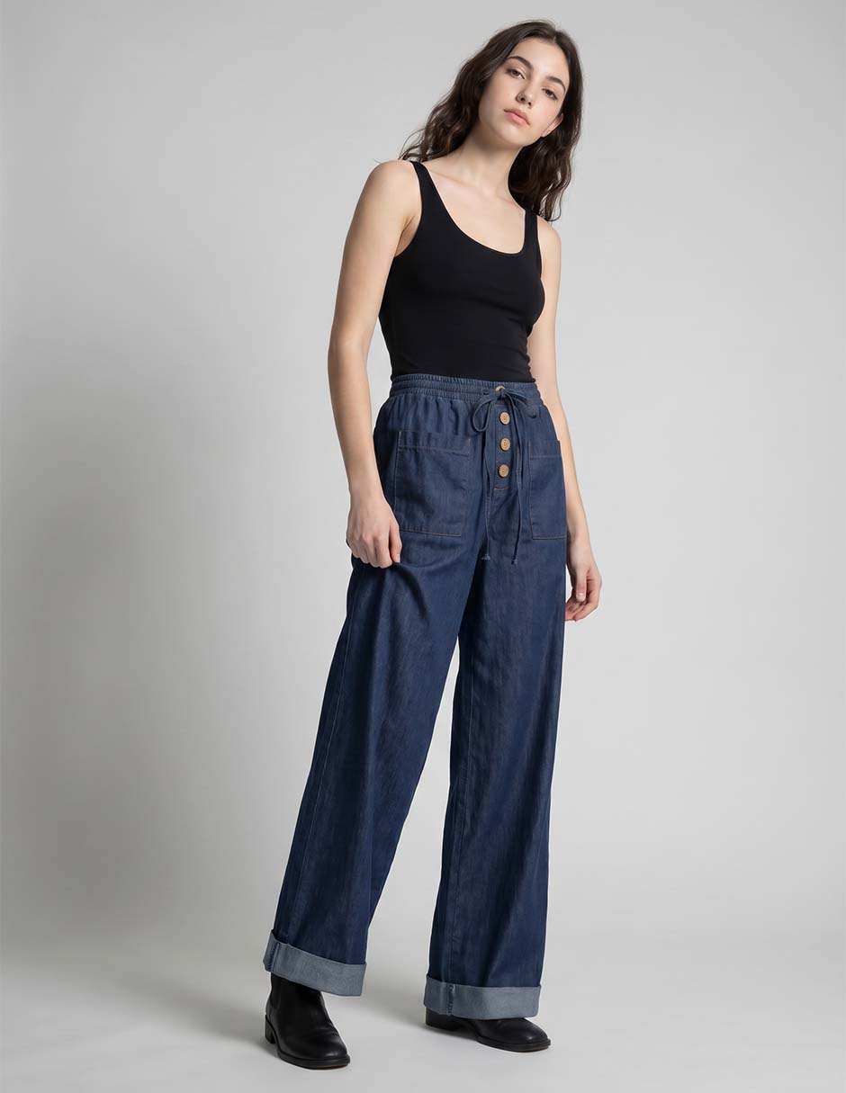 Jeans wide leg corte a la cintura para mujer